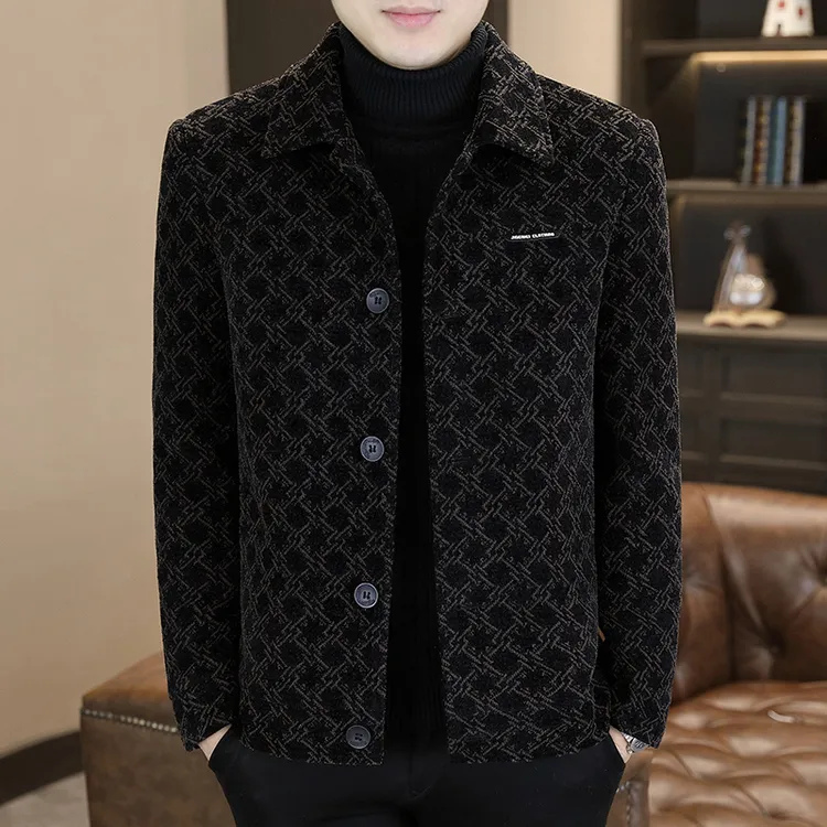 加绒加厚外套秋冬季男士毛呢大衣短款潮流休闲翻领高级感中年夹克