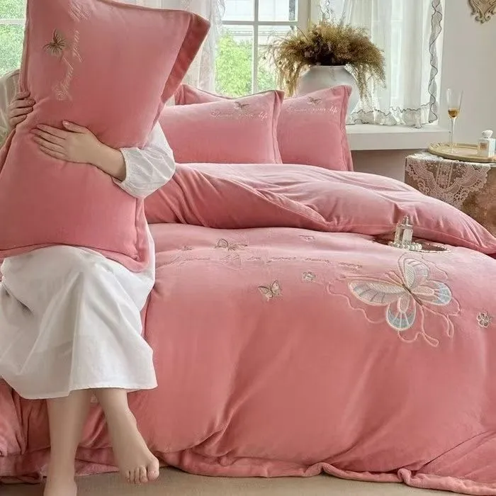 绣花刺绣牛奶绒四件套轻奢床品套件保暖高克重