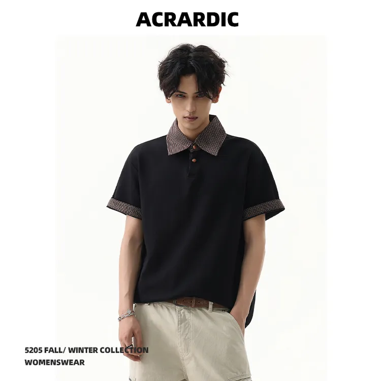 ACRARDIC潮牌高级感格纹拼接假两件Polo衫男美式cleanfit短袖T恤