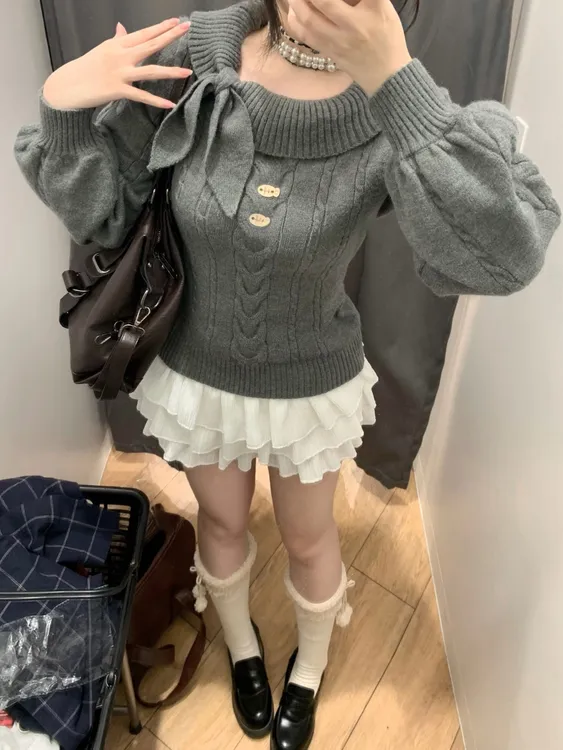 早秋古早感兔耳领收腰灯笼袖毛衣日系学院风显瘦套头针织衫上衣女