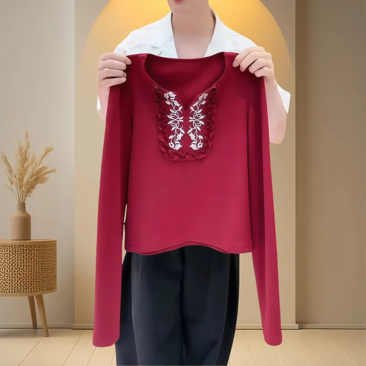 2025秋冬季新款百搭老钱风女装木耳花边拼接V领长袖t恤显瘦打底衫