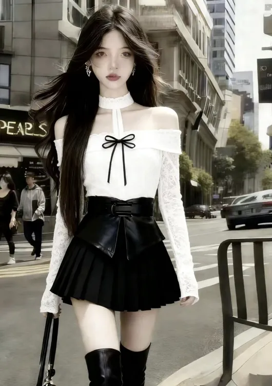 韩版秋冬氛围感千金风白色一字肩露肩挂脖上衣+黑色百褶短裙套装