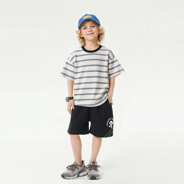 夏季圆领韩版新款童装简约男童T恤 中大童条纹时尚宽松儿童短袖t