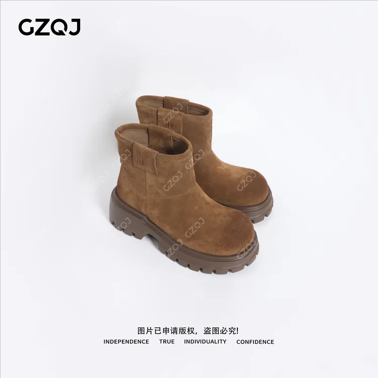 老琴私服 琥珀流光风秋冬季新款一脚蹬复古百搭厚底短筒靴女 2735