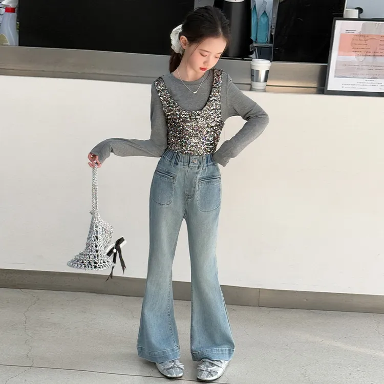 儿童韩版纯色喇叭裤2025春秋季新款女童修身显瘦中大童微喇牛仔裤