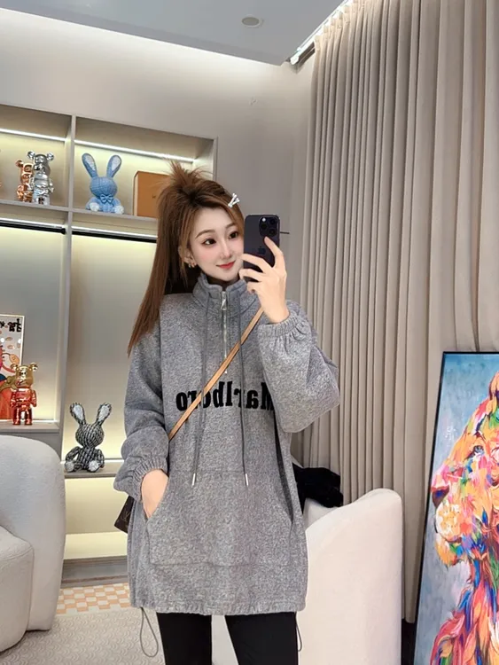 加绒加厚拉链卫衣厚款中长款字母常规复古加厚百搭ins