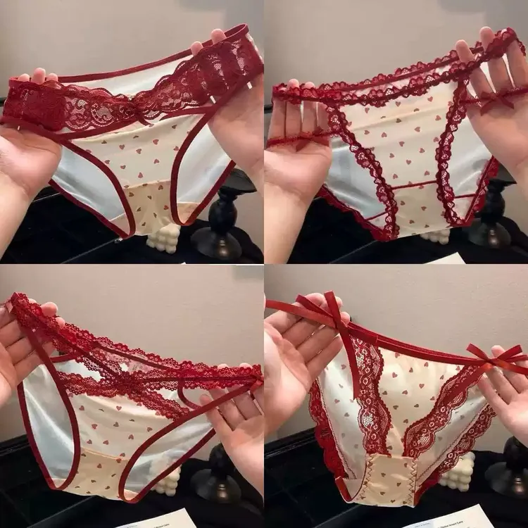 本命红新款纯欲缎面印花内裤女镂空网纱低腰少女内裤女