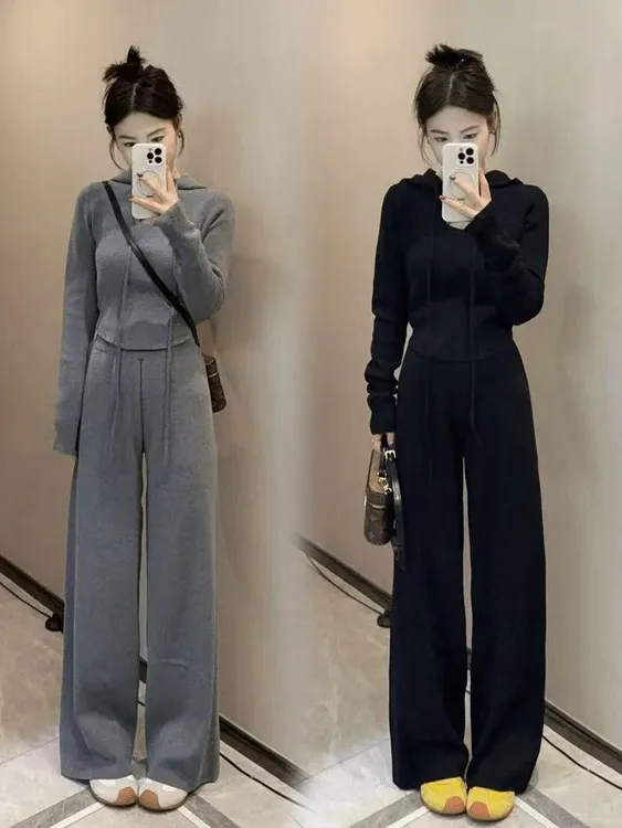 慵懒风休闲时尚套装女2025春秋新款连帽长袖上衣阔腿裤气质两件套