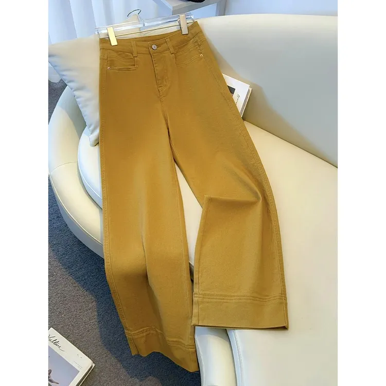 姜黄色窄版阔腿裤牛仔裤女秋季2025新款宽松小个子高腰九分直筒裤