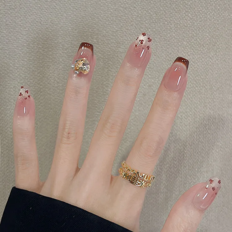 【钻石豹纹】早秋季新款溜边法式千金纯手工穿戴甲短款豹纹猫眼美甲