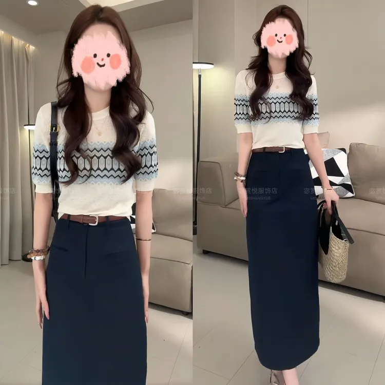 洋气衣服女2025夏季薄款镂空提花针织短袖上衣百搭半身裙气质套装