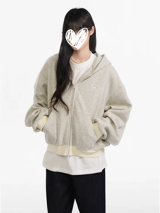 美式复古小狗刺绣条纹连帽卫衣女秋季宽松休闲慵懒风长袖帽衫外套