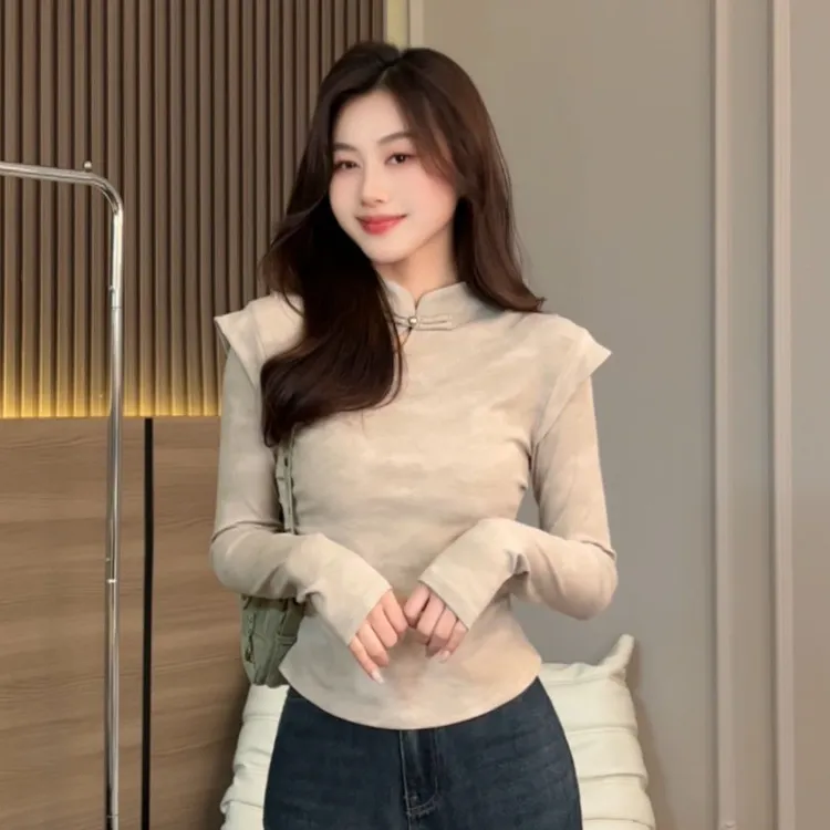 人棉中式国风立领盘扣长袖T恤秋冬新款修身显瘦褶皱打底复古上衣