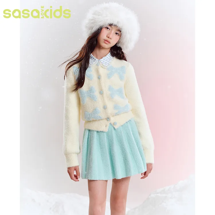 sasakids【奶油蝴蝶】甜美蝴蝶结水貂毛绒灯笼袖毛衣开衫秋冬季