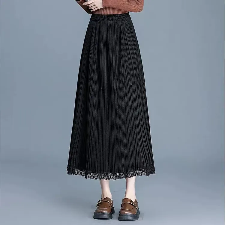 蕾丝花边细褶半身裙2025秋冬新款中长款大摆a字裙垂感丝绒百褶裙
