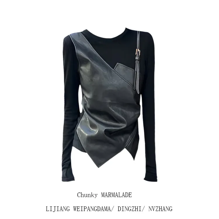 大码胖mm时尚拼接pu皮吊带假两件长袖T恤女秋冬设计感小众打底衫