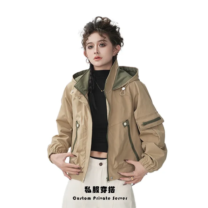 「高奢简服」春秋新款美式酷飒立领连帽黑色冲锋衣外套女