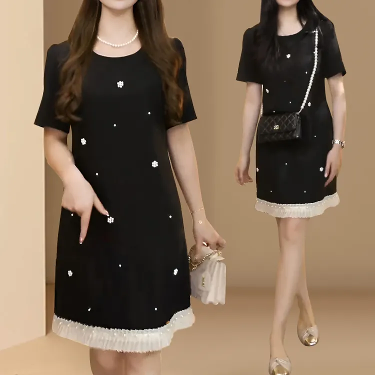 欧洲站2025夏季新款高端名媛钉珠圆领连衣裙女士拼接木耳边短裙子
