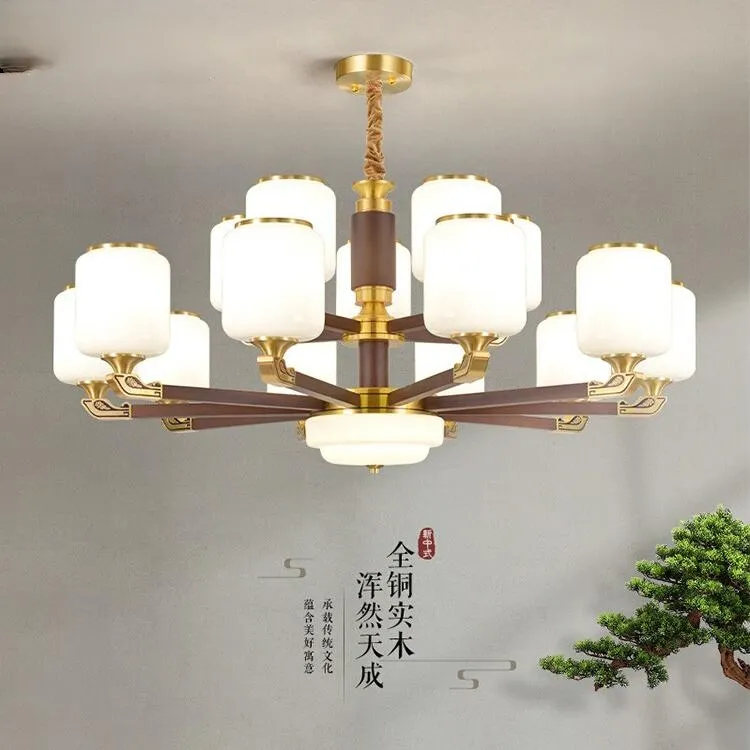 新中式家用客厅大气禅意餐厅书房灯全铜实木别墅大厅新中式灯吊灯