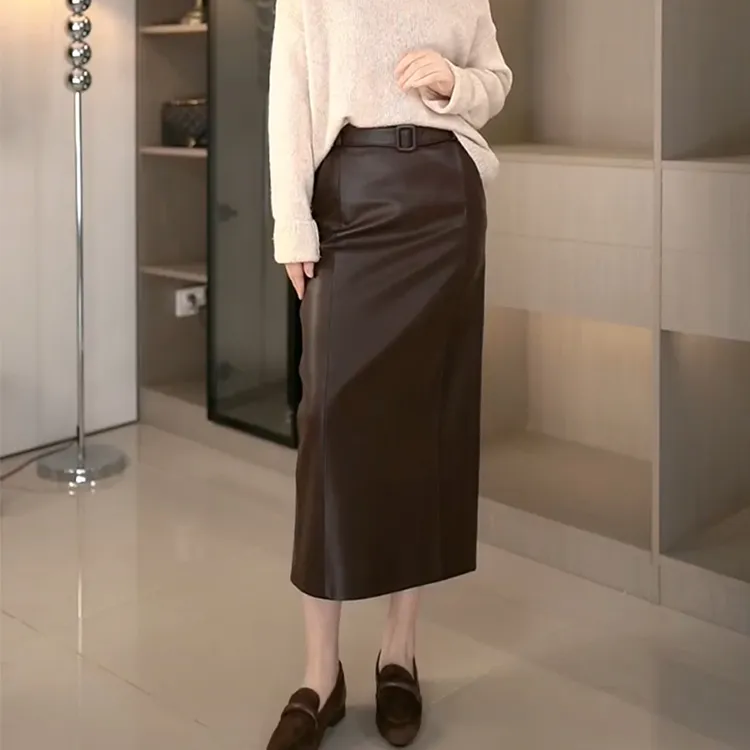 2281（1）羊皮皮裙女后开叉时尚高腰显瘦直筒长款裹裙长裙半身裙