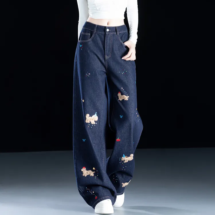 小众刺绣设计感阔腿牛仔裤女爆款2025新款秋季烫钻高腰显瘦弯刀裤