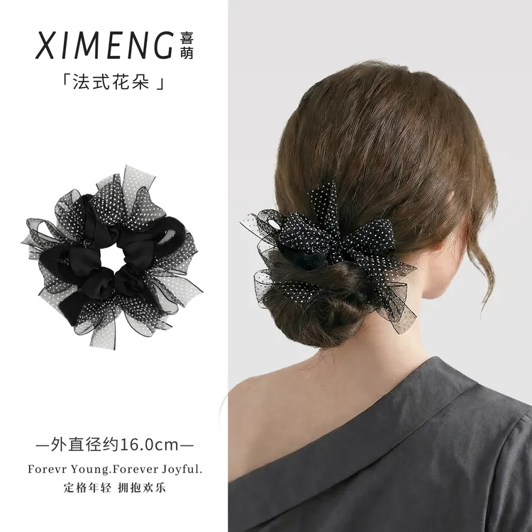 温柔气质高级韩版波点网纱女慵懒温柔百搭低丸子发绳头饰大肠发圈商品图