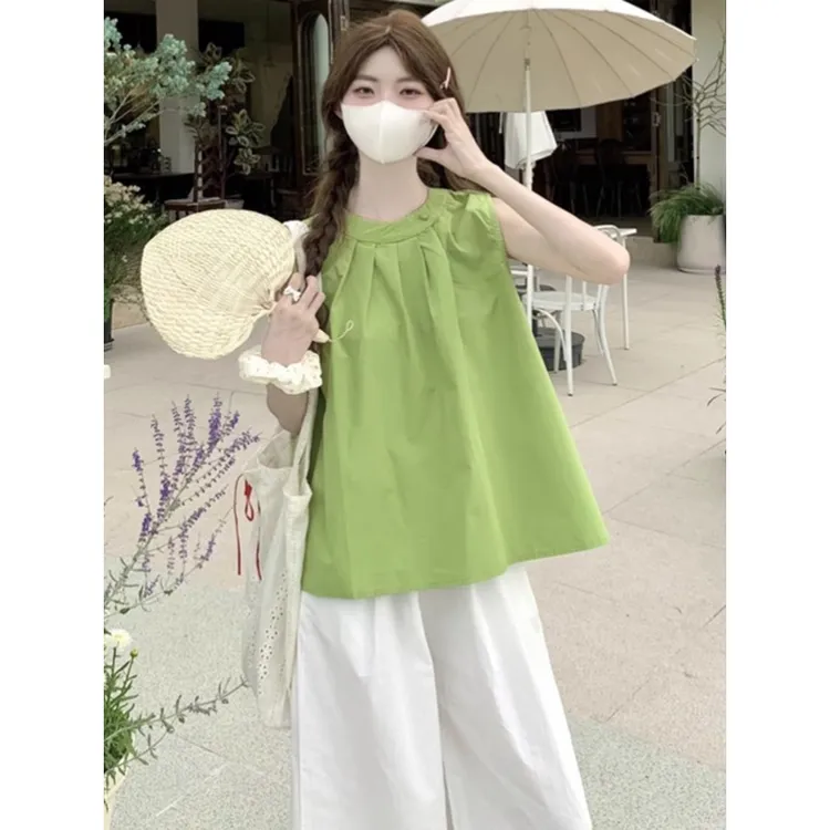 牛油果绿短款无袖上衣女夏季法式削肩娃娃衫亮色女生韩系ins衣服