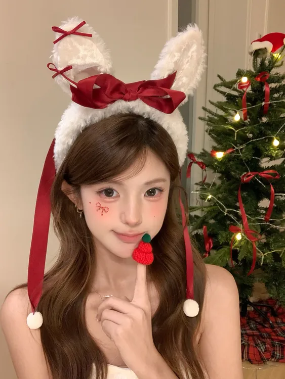 圣诞蝴蝶结飘带兔耳朵发箍女可爱拍照头箍氛围感头饰百搭发卡发饰