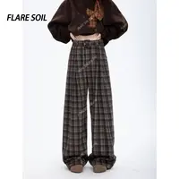 【FLARE SOIL】拼接格纹高腰长裤休闲裤百褶格子秋装出游裤 T4736B