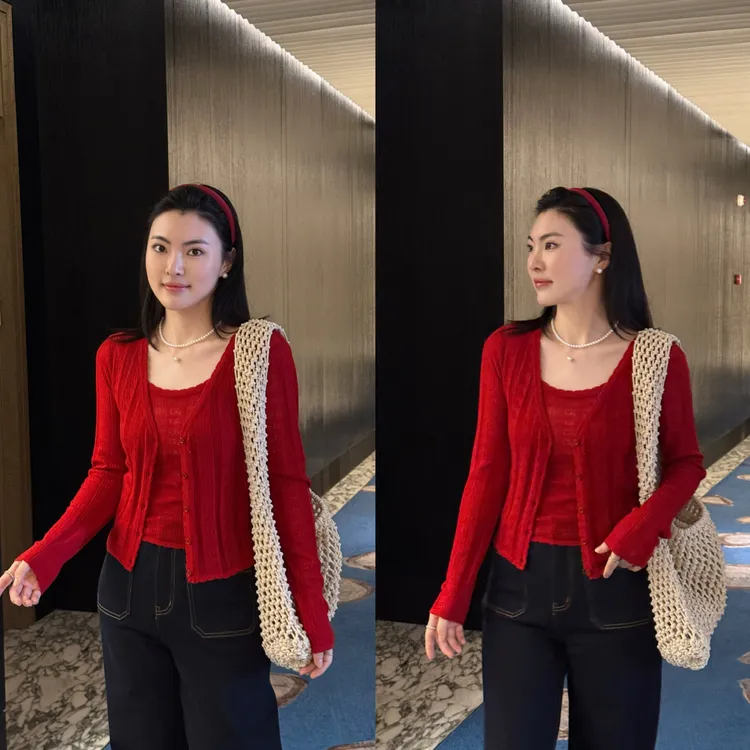 ARMS WELL王囡囡 红色绵羊毛真两件针织衫套装 S301