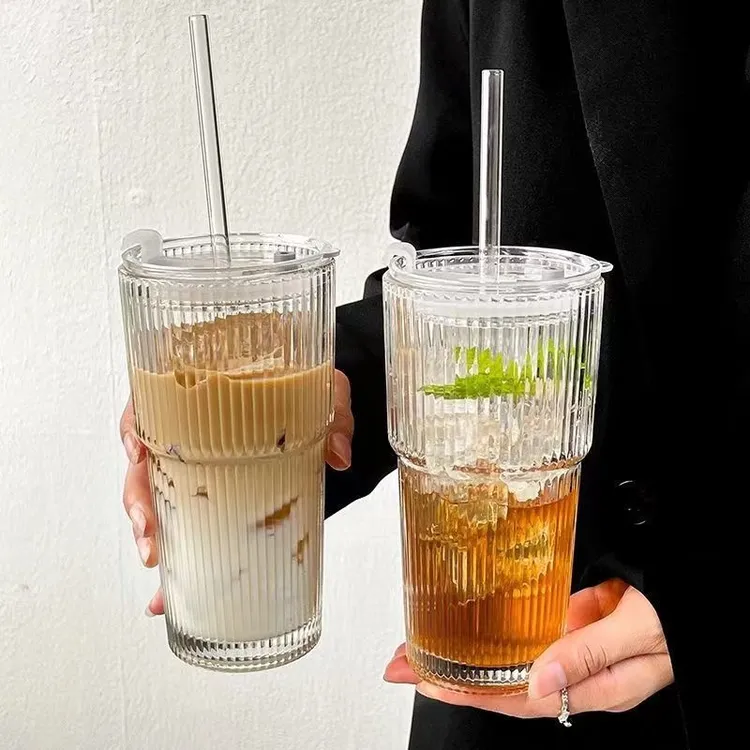 2只装ins风带盖带吸管竖条纹玻璃杯高颜值冷饮杯果汁咖啡杯水杯