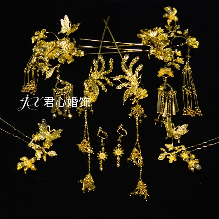 合金婚庆饰品 婚庆饰品 7488新中式复古金色凤簪秀禾新娘龙凤褂