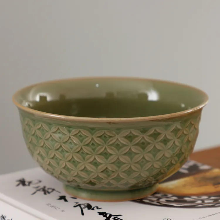 耀州窑新美学橄榄青釉印花半手工粗陶青瓷陶瓷餐具钱多多纹中号碗