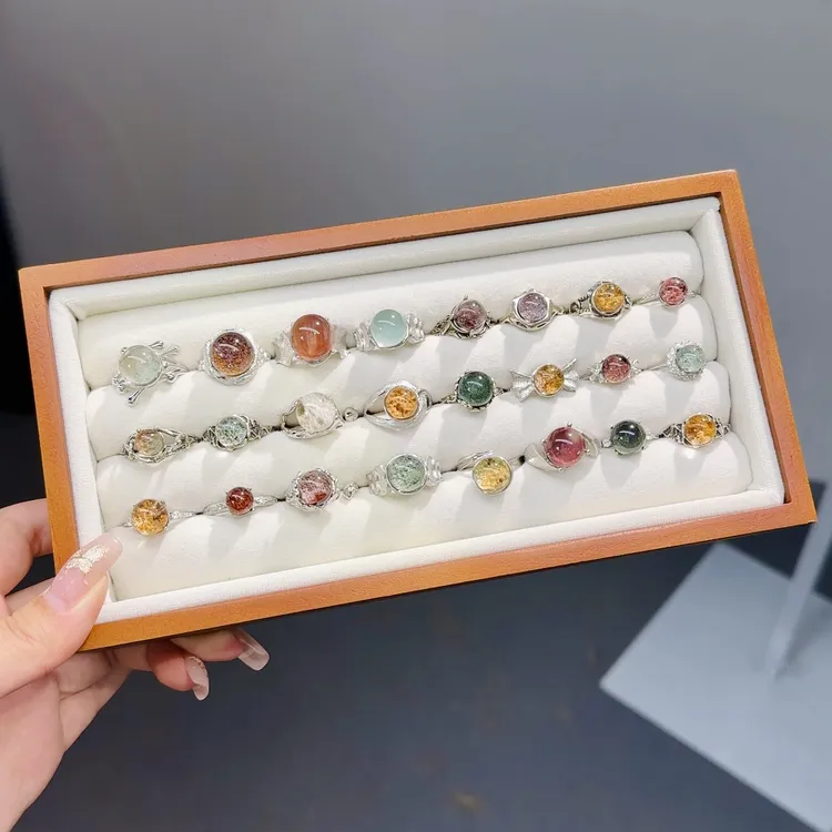 洛初925银戒指蓝兔毛粉幽灵绿幽灵钛金金发水晶戒指送礼物