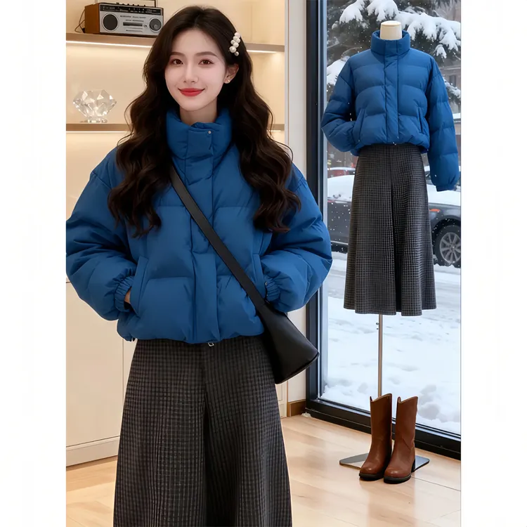 蓝色立领短款棉服女2025冬季新款韩版加厚短外套