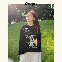 Quoyee 美潮嘻哈印花 落肩袖宽松长袖T恤QTX01