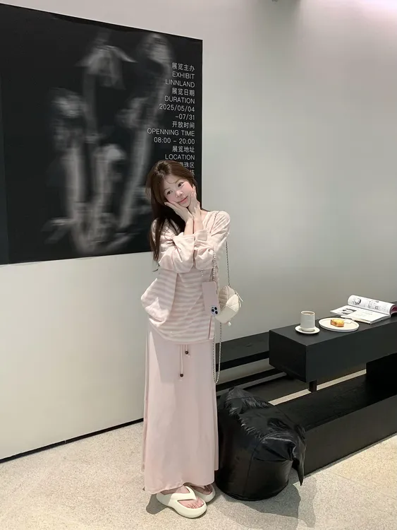 2025早秋新款韩版慵懒风撞色条纹系带防晒长袖t恤上衣百搭半身裙