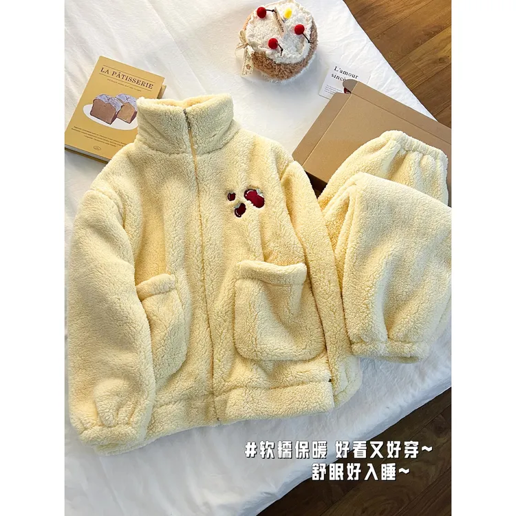 SUAM RUO加绒加厚睡衣女款秋冬季珊瑚绒拉炼保暖冬天法兰绒家居服