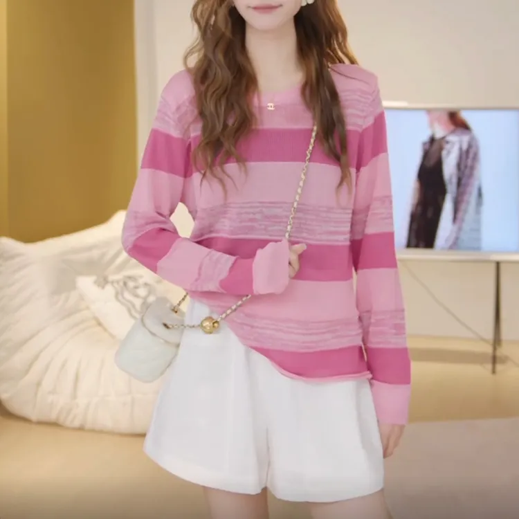 韩系减龄条纹长袖针织衫女2025年春秋新款宽松显瘦百搭打底衫上衣