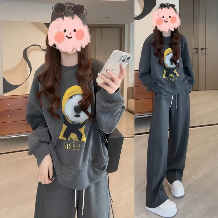 美式复古休闲减龄宽松慵懒圆领卫衣女2025秋季新款高腰卫裤两件套