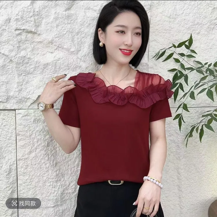 短袖荷叶边抗起球修身型T恤宽松气质韩版遮肚子女士上衣022