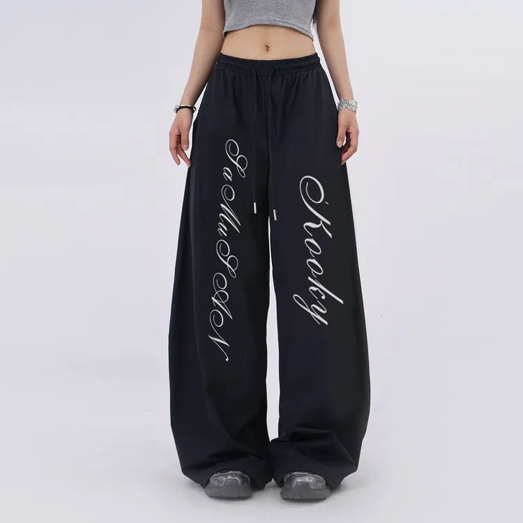 美式潮牌街头爵士舞运动裤女薄款速干宽松大板型印花两穿休闲裤子