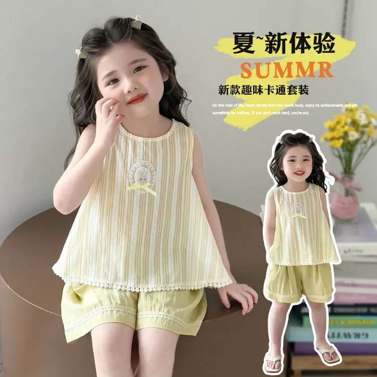 甜美条纹套装薄款纯色女宝夏天公主无袖夏季女