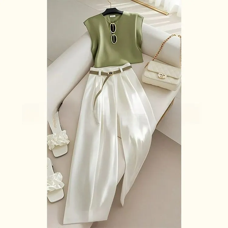 今年流行的漂亮高级感时尚绿色无袖衬衫阔腿裤套装2025新款女夏季