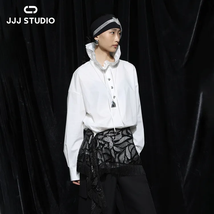 JJJ STUDIO白色法式荷叶边上衣衬衫宽松立领浪漫25新款JDWWA2N381