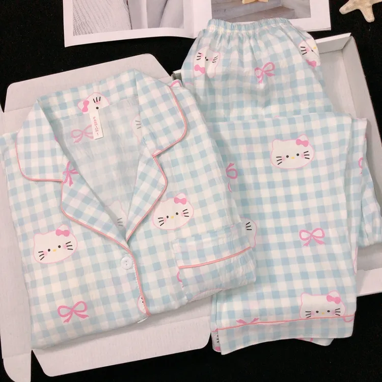 2025年秋季新款睡衣女带胸垫梭织云朵棉开衫卡通长袖家居服套装