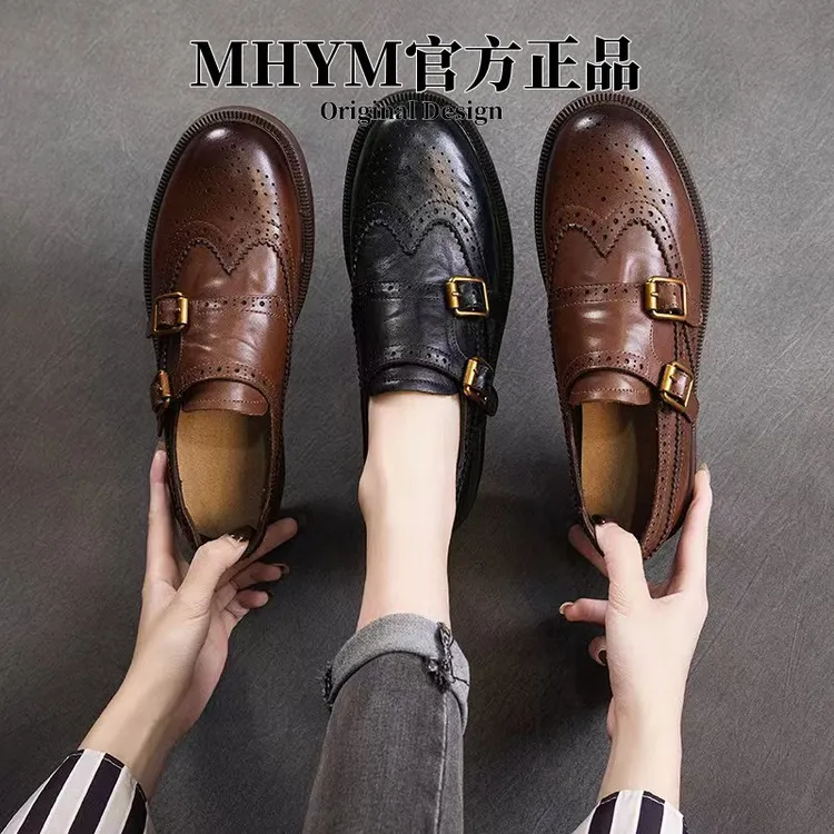 乐福鞋女2025春季新款头层牛皮雕花布洛克单鞋英伦风厚底小皮鞋