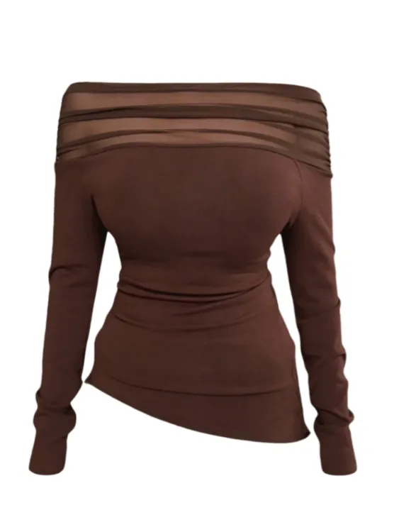 大码女装纯欲风网纱拼接一字肩磨毛加厚长袖T恤女不规则打底上衣