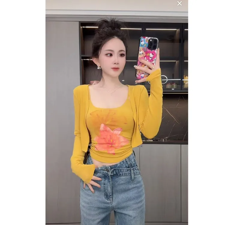 曼曼【花契美学~】纯欲印花网纱吊带背心开衫两件套