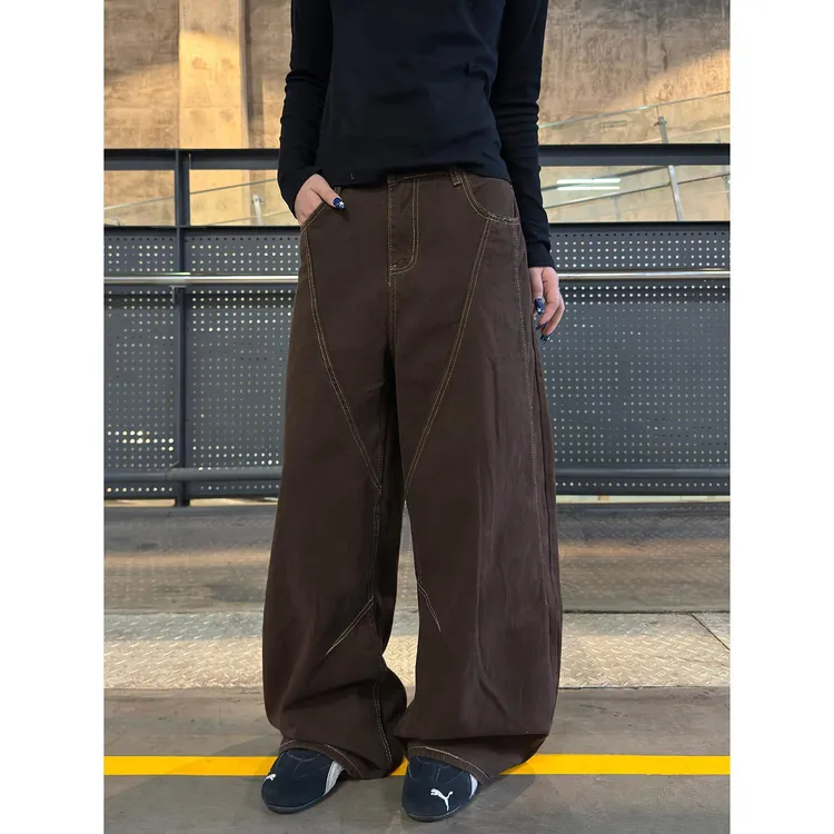 Musini美式美拉德阔腿腰间绑带弯刀牛仔裤男女同款宽松休闲长裤潮